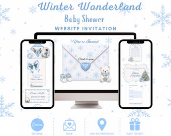 Winter Wonderland Baby Shower Invitation, Blue Elegant Snowflake Christmas Baby Shower Website Invite Template W/ RSVP, Links & Music