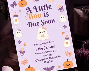 Little Boo is Due Soon Baby Shower Invitation, Cute Coquette Purple & Orange Halloween Little Boo Ghost Baby Shower Editable Canva Invite