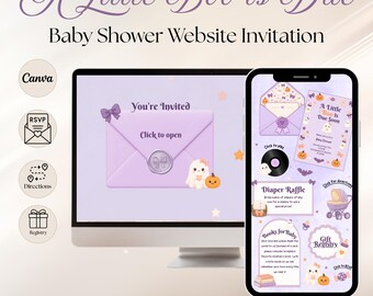 A Little Boo Is Due Baby Shower Website Invitation, Editable Halloween Purple Cute Ghost Baby Shower Website with RSVP, Links & Music