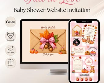 Fall In Love Baby Shower Website Invitation, Cute Cozy Pink Fall and Autumn Bear Themed Baby Shower Website Invite with RSVP, Links & Music