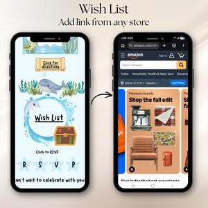 May include: Two smartphones displaying digital interfaces. The left screen shows a light blue ocean-themed wish list with a whale, dolphin, and treasure chest. The right screen shows the Amazon mobile website homepage with a search bar and product images.