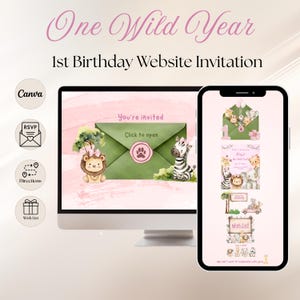 Peut inclure: Un modèle d'invitation numérique pour un premier anniversaire affiché sur un écran d'ordinateur et un smartphone, avec un thème safari rose et vert incluant un lion, un zèbre et un éléphant. Le texte indique One Wild Year, 1st Birthday Website Invitation, You're invited, Click to open, RSVP, Directions et Wish List.