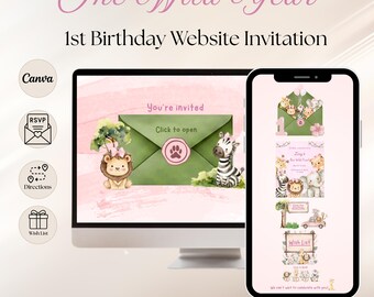 One Wild Year First Birthday Website Invitation, Pink Wild Animals in Bows Jungle Theme 1st Birthday Website Invite with RSVP & Links