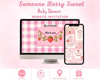 Someone Berry Sweet Baby Shower Invitation, Sweet Cute Pink Gingham Strawberry Baby Shower Website Invite Template W/ RSVP, Links & Music