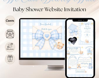 We Can Bearly Wait Baby Shower Invitation, Dreamy Blue Gingham Cloud and Stars Teddy Bear Baby Shower Website Invite W/ RSVP, Links & Music