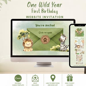 One Wild Year First Birthday Website Invitation, Green Wild Gender Neutral Animal Jungle Theme 1st Birthday Website Invite with RSVP & Links