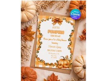 A Little Pumpkin Is On The Way Baby Shower Invitation, Simple Autumn and Fall Pumpkin Themed Baby Shower Invite, Editable Canva Template