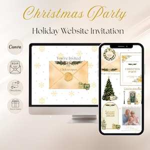 Peut inclure: Un modèle d'invitation numérique pour une fête de Noël affiché sur un écran d'ordinateur et un smartphone. Le design présente des enveloppes dorées, des flocons de neige, un sapin de Noël et du texte incluant You're Invited et Secret Santa.