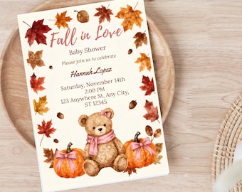Fall in Love Baby Shower Invitation, Coquette Fall Pink Bow Bear Themed Falling in Love Baby Shower Editable Canva Invite Template