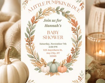 A Little Pumpkin is Due Baby Shower Invitation, Elegant Green, Orange and Beige Fall & Autumn Pumpkin Baby Shower Editable Canva Invite
