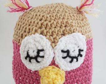 Chapeau bébé hibou, chapeau d’animal Woodland, bonnet au crochet hibou rose, chapeau de nouveau-né hibou endormi