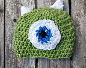 Monster Inc crochet Hat, mike wazowski monster inc one eye monster hat, Mike monster hat, green monster Halloween beanie