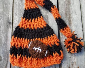 Bengals Football Black and Orange Stripe Crochet Pom-pom long tail Hat, FREE SHIPPING, football photo prop,
