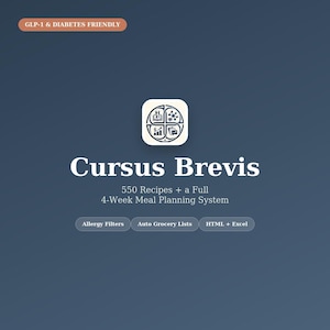 Cursus Brevis GLP-1 and Diabetes Meal Planner App, 550 Recipes, 4-Week Plan, Allergy Filters, Grocery List, HTML App+ Excel Sheets Bundle