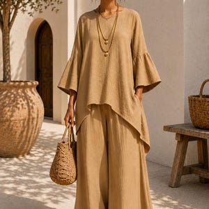 Cotton Linen Blend Bell Sleeve Blouse Wide Leg Pants Set, Boho Patchwork Two-Piece Outfit