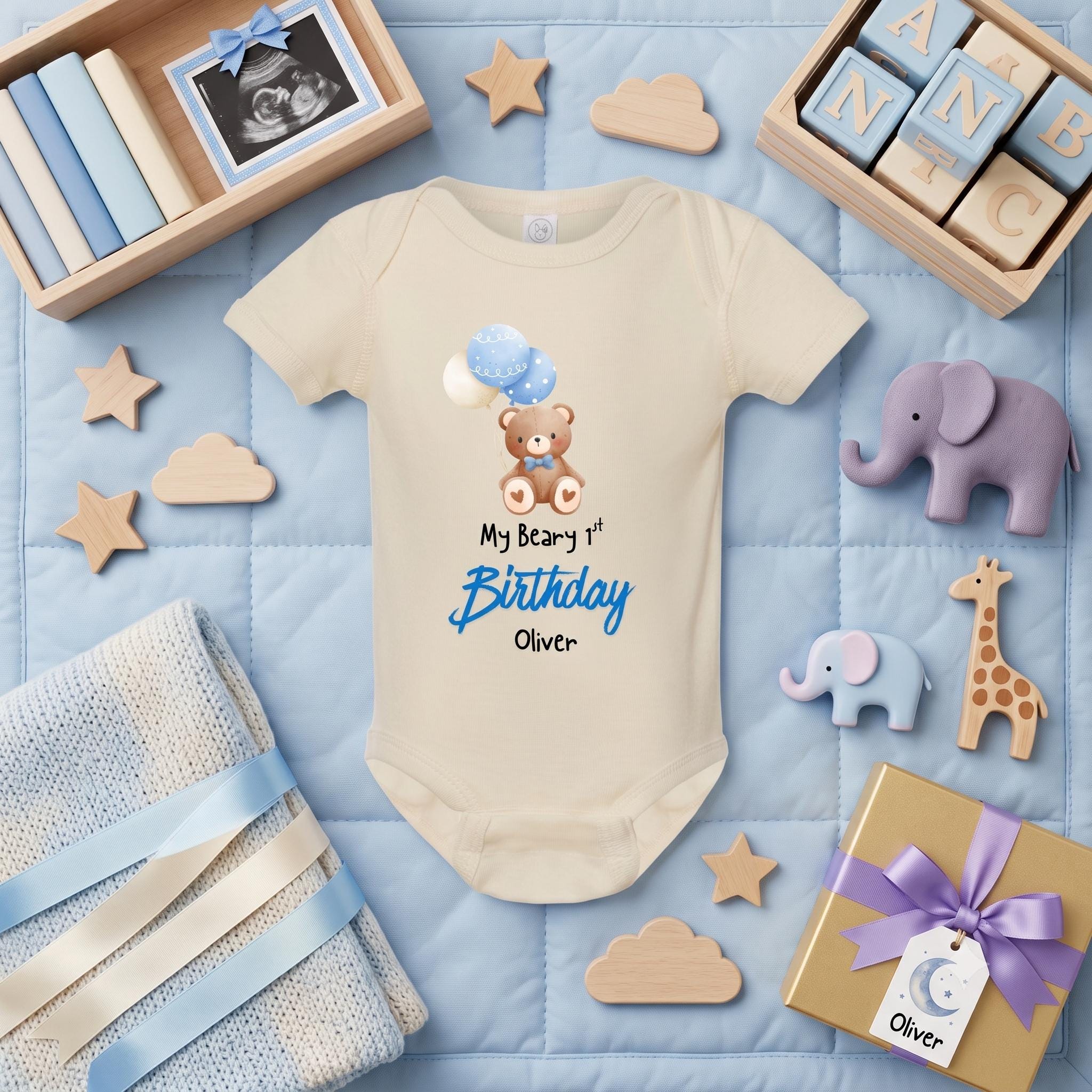 Custom Name First Birthday Baby Onesie, Personalized Birthday Boy, 1st Birthday Gift, Bear Baby Bodysuit Outfit, Beary 1st Romper