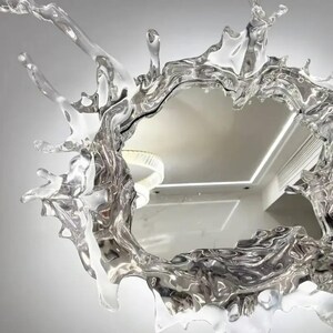 Modern LED mirror wall light featuring an artistic splash-inspired acrylic frame with an integrated decorative mirror and Modern interior featuring the water splash mirror wall light as a statement wall decoration with integrated ambient LED illumination.