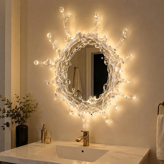 Acrylic Mirror Wall Light, Water Splash LED Sconce, Sculptural Vanity Light, Stainless Steel Modern Bathroom Wall Decor