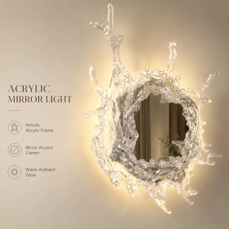 Detailed view of the reflective acrylic mirror surrounded by the sculptural water splash frame and integrated LED lighting.