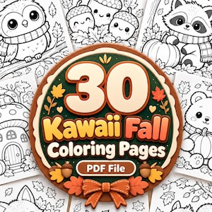 Könnte beinhalten: Eine Sammlung von 30 Kawaii-Herbst-Malvorlagen als PDF-Datei mit schwarz-weißen Strichzeichnungen von einer Eule, Eicheln, einem Waschbären, einem Pilzhaus, einem Bären, einem Fuchs und Äpfeln, angeordnet um ein rundes Schild.
