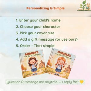 May include: An instructional graphic titled Personalizing Is Simple with five steps for ordering a custom book. Two book covers are shown, each featuring a cartoon child in a school uniform with the text Amanda's First Day Of Kindergarten and Isabella's First Day Of Kindergarten. A small rabbit icon and a yellow heart are included.