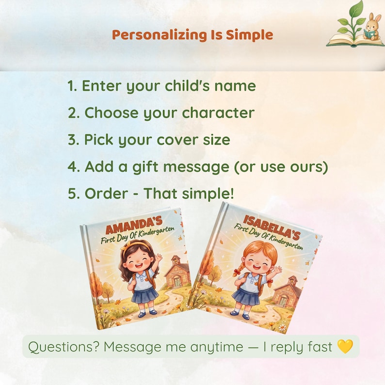 May include: An instructional graphic titled Personalizing Is Simple with five steps for ordering a custom book. Two book covers are shown, each featuring a cartoon child in a school uniform with the text Amanda's First Day Of Kindergarten and Isabella's First Day Of Kindergarten. A small rabbit icon and a yellow heart are included.