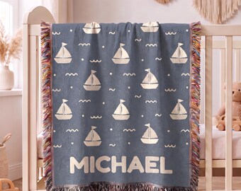 Custom Sailboat Baby Name Woven Blanket, Personalized Nautical Nursery Blanket, Boy Baby Gift, Custom Name Blanket, Newborn Keepsake
