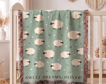 Personalized Sheep Baby Blanket with Name, Sweet Dreams Woven Nursery Blanket, Custom Baby Gift, Baby Shower Gift, Newborn Keepsake