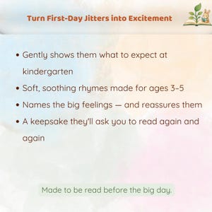 May include: A white card with a watercolor background featuring the text Turn First-Day Jitters into Excitement and a small rabbit illustration. It lists four bullet points about kindergarten preparation and a green box stating Made to be read before the big day.