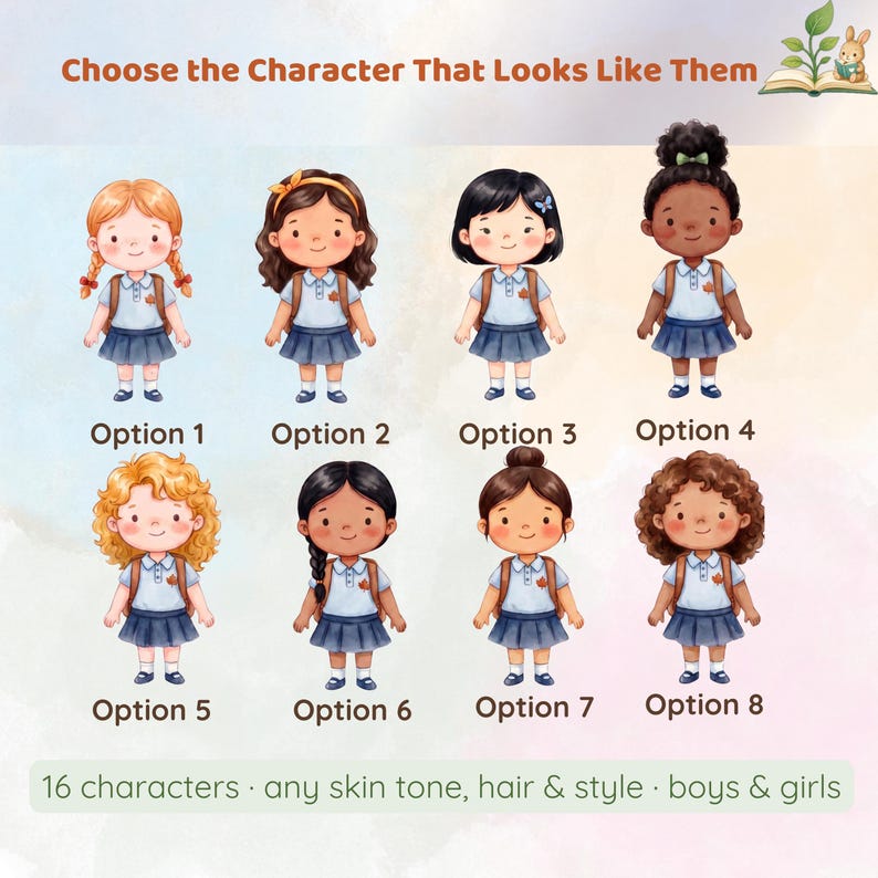 May include: A digital illustration featuring eight cartoon characters labeled Option 1 through Option 8. Each character wears a white polo shirt, a blue skirt, and a brown backpack. The text reads: Choose the Character That Looks Like Them.
