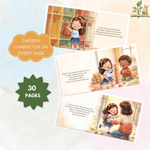 May include: A children's storybook featuring 30 pages with illustrations of a young character in a blue skirt and white shirt. Scenes include a school cubby area, stacking wooden blocks with a friend, and hugging an adult. Text is included.