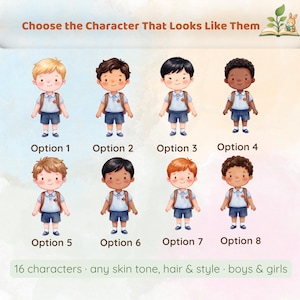 May include: A digital chart titled Choose the Character That Looks Like Them featuring eight illustrated cartoon children with various hair colors and skin tones. Each child wears a light blue polo shirt, dark shorts, and a brown backpack.