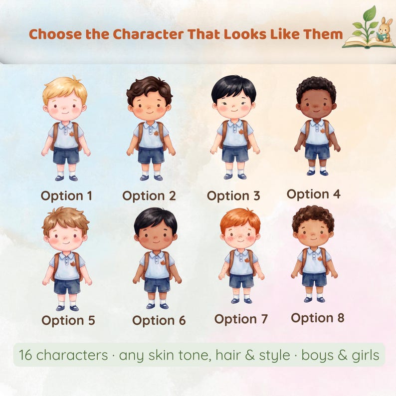 May include: A digital chart titled Choose the Character That Looks Like Them featuring eight illustrated cartoon children with various hair colors and skin tones. Each child wears a light blue polo shirt, dark shorts, and a brown backpack.