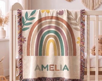 Personalized Boho Rainbow Baby Blanket with Name, Boho Woven Nursery Blanket, Custom Baby Girl Gift, Baby Shower Gift, Newborn Keepsake