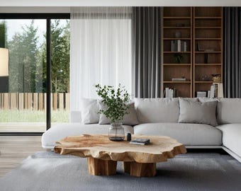 Handgemaakte salontafel, massief houten meubel, moderne landelijke woonkamerdecoratie, rustieke woonaccessoire