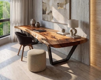 Solid Wood Desk, Live Edge Writing Table, Handmade Office Furniture, Modern Study Table