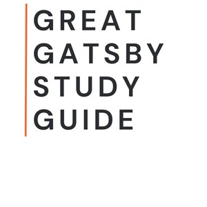 Pode incluir: Um guia de estudo em PDF de 28 páginas para The Great Gatsby com texto preto sobre fundo branco e uma linha vertical laranja. O documento inclui resumos de capítulos, temas, citações e uma análise de personagens.