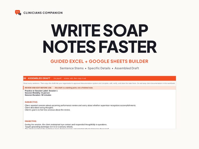SOAP Note Builder for Social Work | Excel & Google Sheets Documentation Tool image 1
