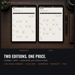 May include: Two digital tablets displaying a monthly calendar planner titled The Standard. One screen shows an undated May layout, while the other displays May 2027. Both feature a grid with handwritten notes, a monthly focus section, and navigation tabs.