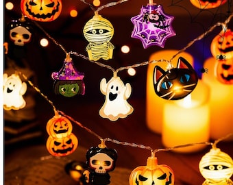 Halloween lichtslingers, pompoen- en spooklampjes met LED, griezelige feestdecoratie, Halloween decoratie voor binnen en buiten, huis en veranda