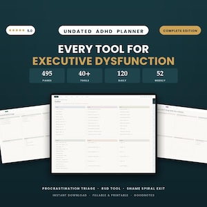 Peut inclure: Un planificateur TDAH non daté sous format numérique sur fond bleu sarcelle foncé avec du texte doré et blanc. L'affichage présente une page d'index avec 495 pages, 40+ outils, 120 sections quotidiennes et 52 hebdomadaires. Texte : Procrastination Triage, RSD Tool, Shame Spiral Exit.