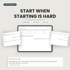 May include: An undated ADHD digital planner featuring the text START WHEN STARTING IS HARD, with sections for a dopamine menu, task ladder, and brain dump. The display shows multiple planner page layouts with light green and grey accents.