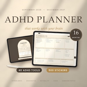 Neutral Beige ADHD Digital Planner Dated 2026 2027, Boho GoodNotes iPad Planner, Executive Dysfunction Tools, 500 Stickers