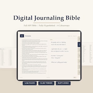Peut inclure: Une Bible de journalisation numérique affichée sur un écran de tablette, présentant le texte de la Genèse, des onglets de navigation hyperliés et une mise en page épurée. L'interface comprend 3 346 pages, 31 102 versets et 38 873 liens.