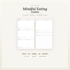 Peut inclure: Un journal de nutrition Mindful Eating Journal par Atlas & Ink avec deux pages blanches, du texte et des lignes noires. L'en-tête indique Mindful Eating JOURNAL NO CALORIES NO WEIGHT JUST HUNGER & FULLNESS. Divers formats de papier sont listés : Pocket, A6, Personal, A5, Half Letter, A4 et US Letter.