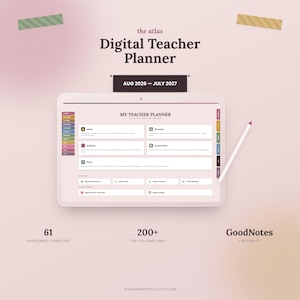 Peut inclure: Un agenda numérique pour enseignant affiché sur un écran de tablette avec un stylet. L'interface présente des sections pour l'administration, la planification, les élèves, les leçons et les notes, couvrant d'août 2026 à juillet 2027. Inclut 61 modèles.