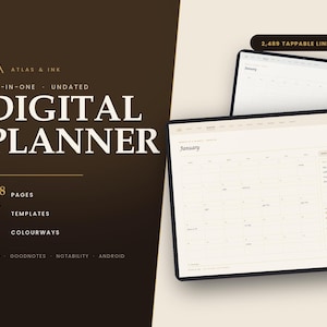 Peut inclure: Un agenda numérique sur fond marron foncé et crème avec le texte Atlas & Ink, All-in-One Undated Digital Planner, 128 pages, 57 modèles, 2 coloris et 2 489 liens cliquables. L'écran affiche une vue de calendrier mensuel.