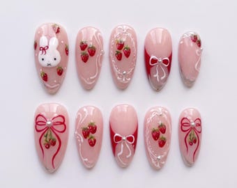 Pink Bunny Strawberry Press On Nails｜Ribbon Heart and Swirl Nail Art｜Sweet Coquette Almond Manicure｜Reusable Handmade Fake Nails for Women