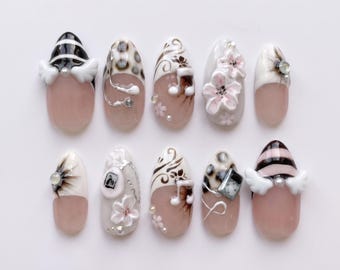 white Bow Press On Nails ｜ Vintage Floral Design ｜ Pearl Accent Nail Art ｜ Medium Almond Fake Nails ｜ Handmade Elegant Gift