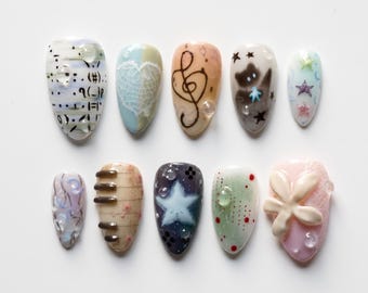 Galaxy Star Press On Nails ｜ Dreamy Blue Design ｜ Abstract Space Nail Art ｜ Handmade Medium Fake Nails ｜ Celestial Gift for Her